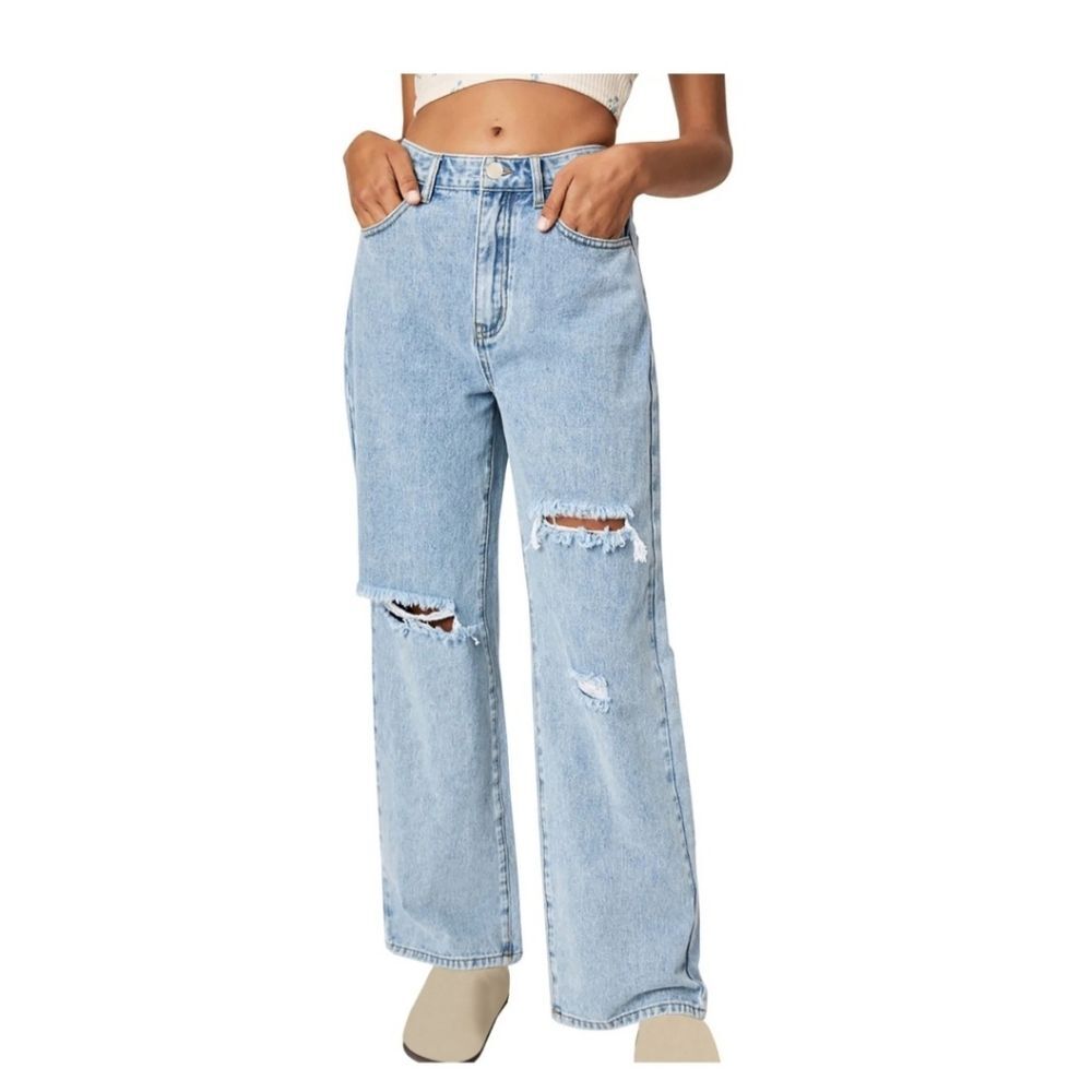 Free Assembly Jeans High Rise 90s Straight Leg Light Wash Ripped High Waist 10